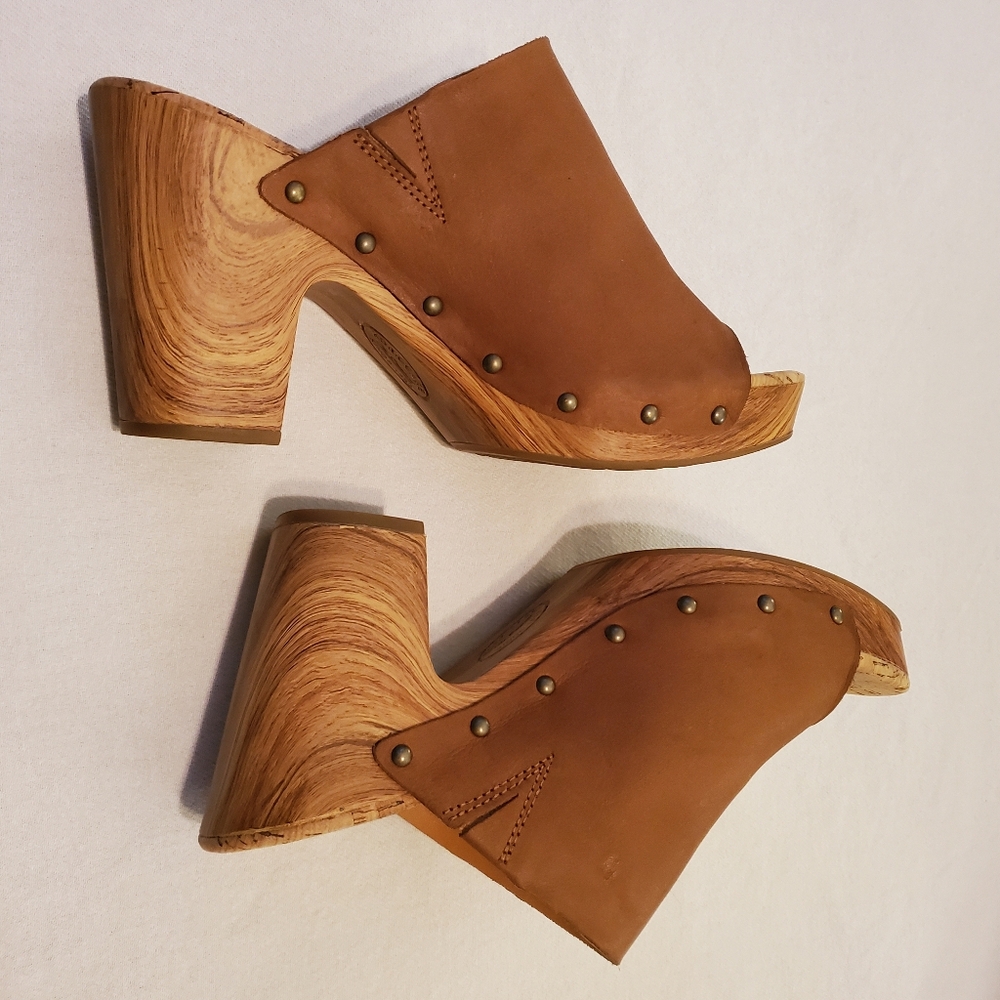 KORK-EASE Danika Wood Grain Cork Cognac Leather Platform Slide-On Sandals SZ 11 - Picture 2 of 11